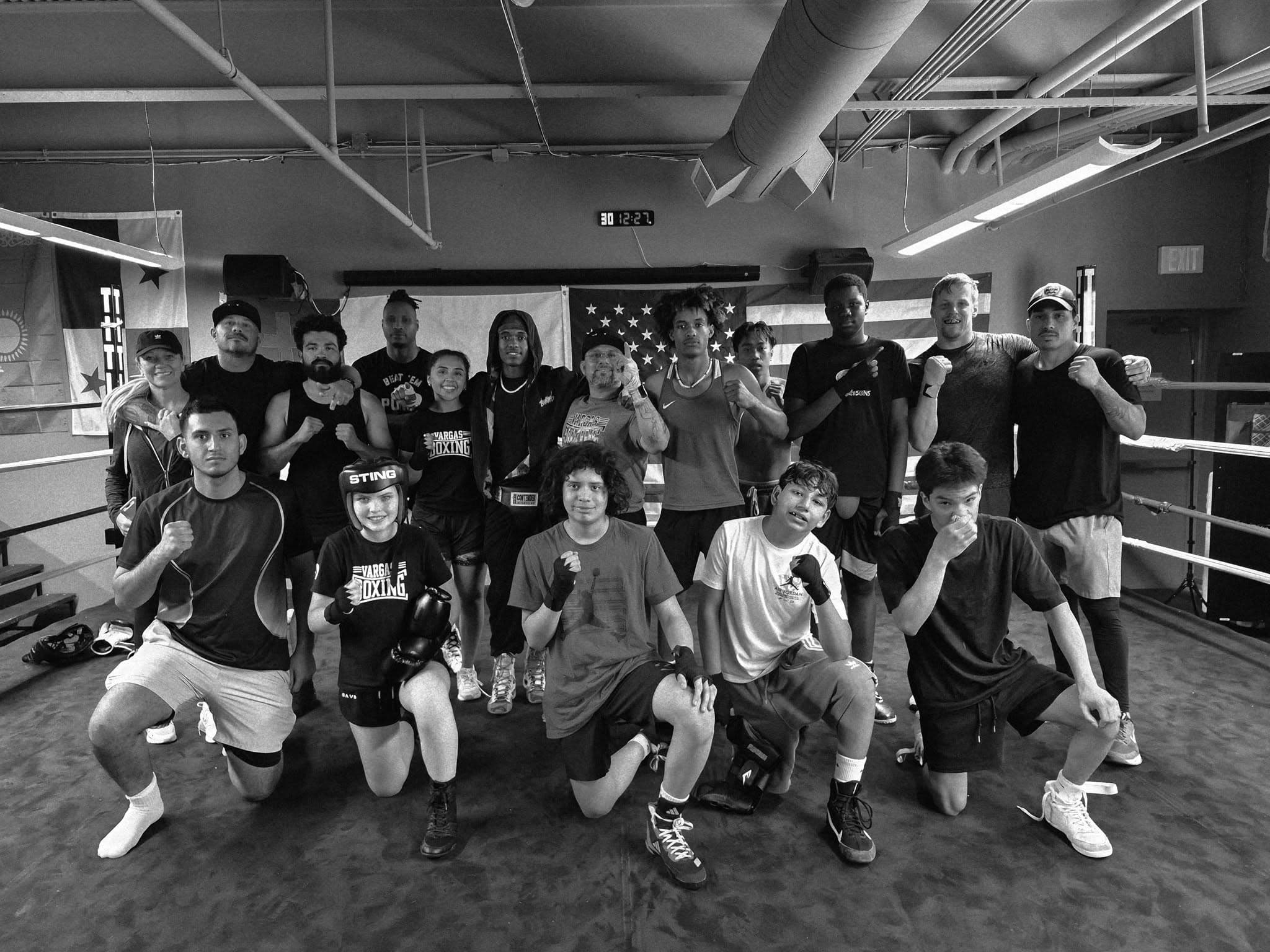 A group photo in the gym the day Lobos Boxing Club visited